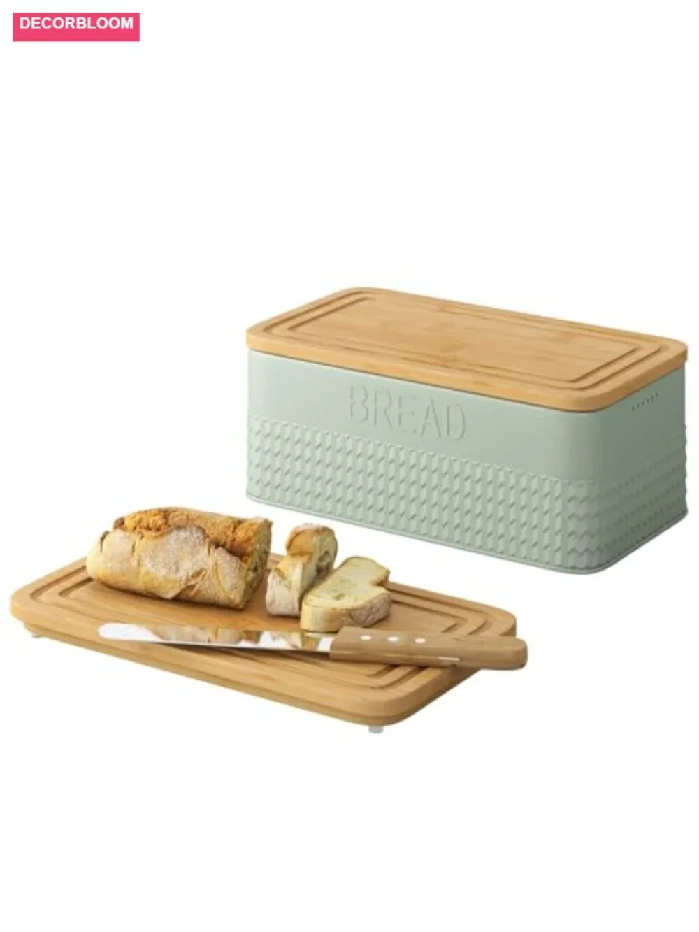 Large Farmhouse Bread Box with Bamboo Lid and Knife